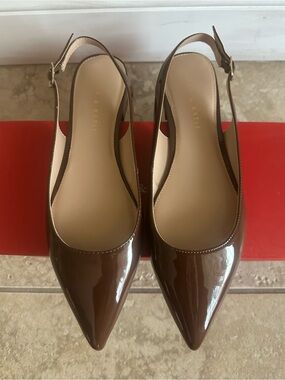 NIB Patent Pointed-Toe Slingback Flats in Brown by Kelly & Katie